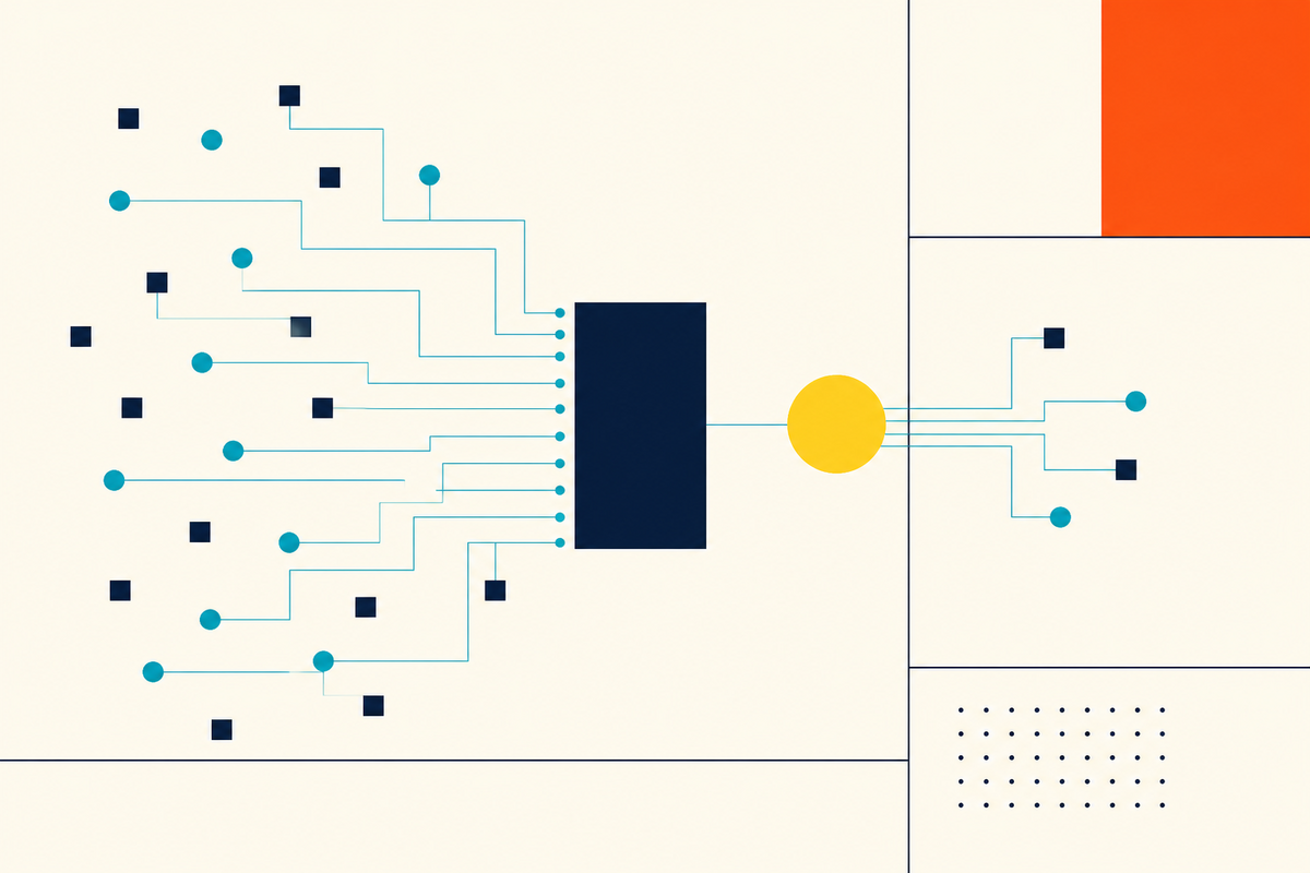 Abstract geometric illustration of many investor nodes flowing through a central capital-raising system