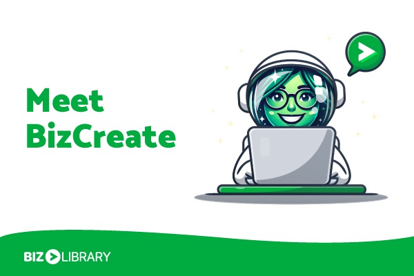 BizLibrary’s official BizCreate launch illustration, featuring a character at a laptop
