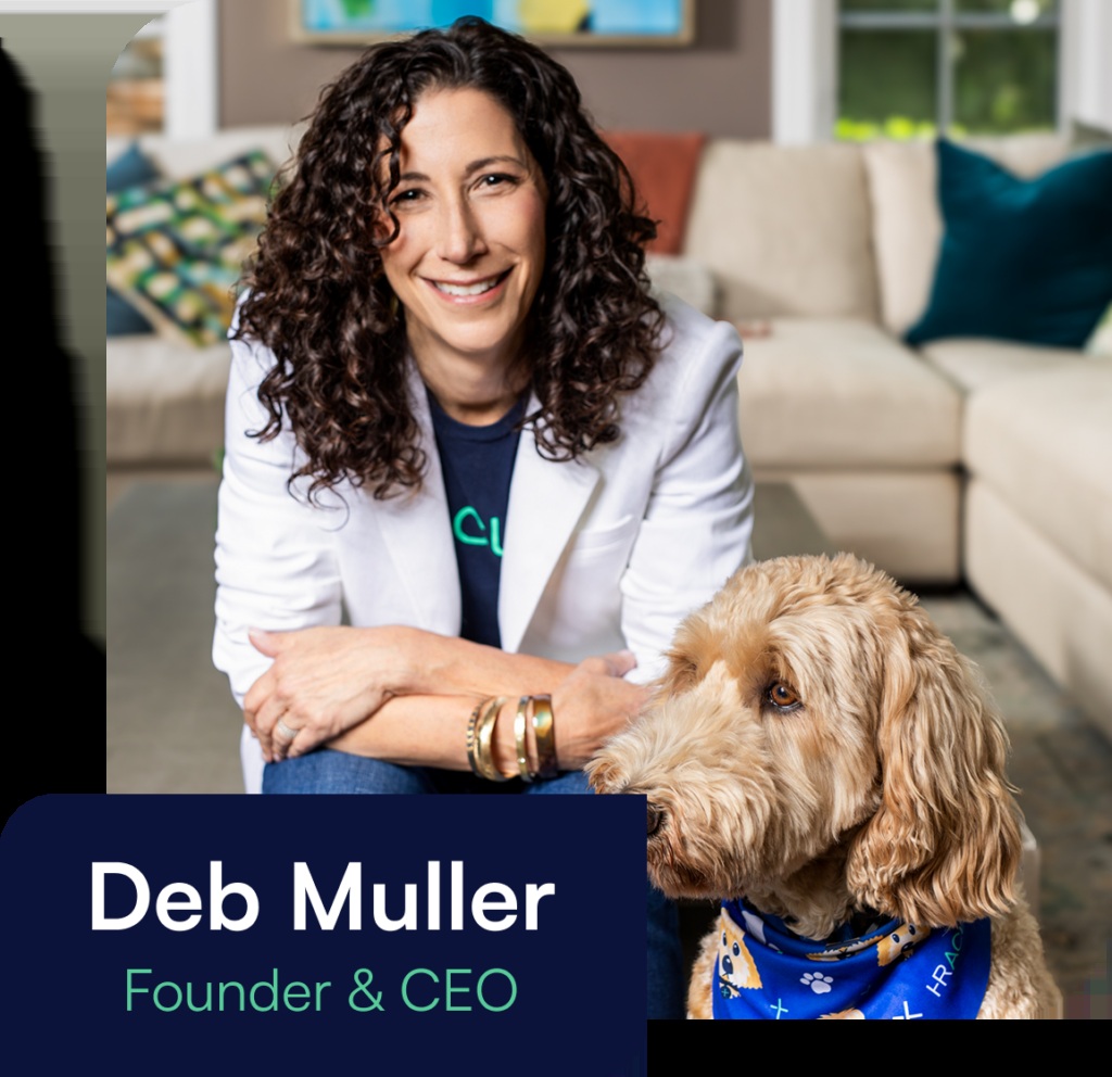 Deb Muller seated beside a dog wearing an HR Acuity bandana