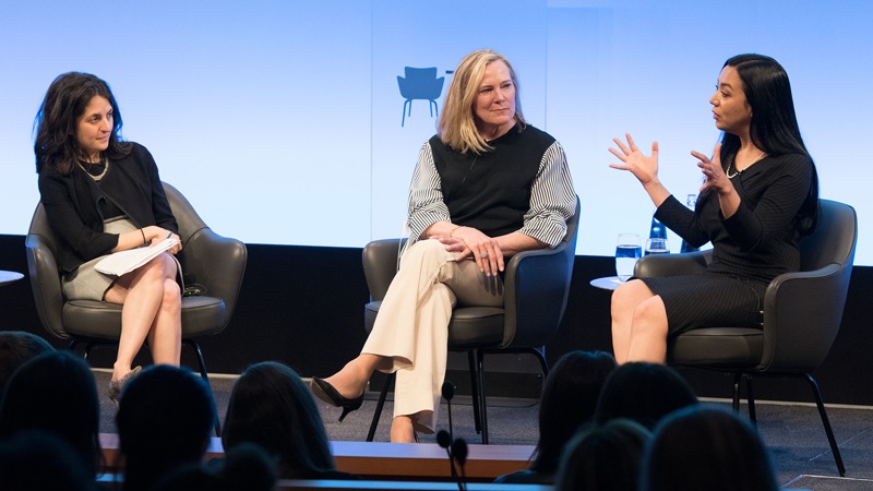 Deborah Jackson, seated in the center, listens during a Goldman Sachs conversation with Davida Herzl.