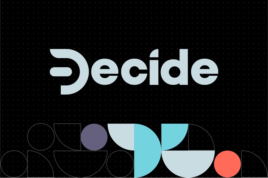 Decide company logo on a dark dotted grid with geometric brand shapes