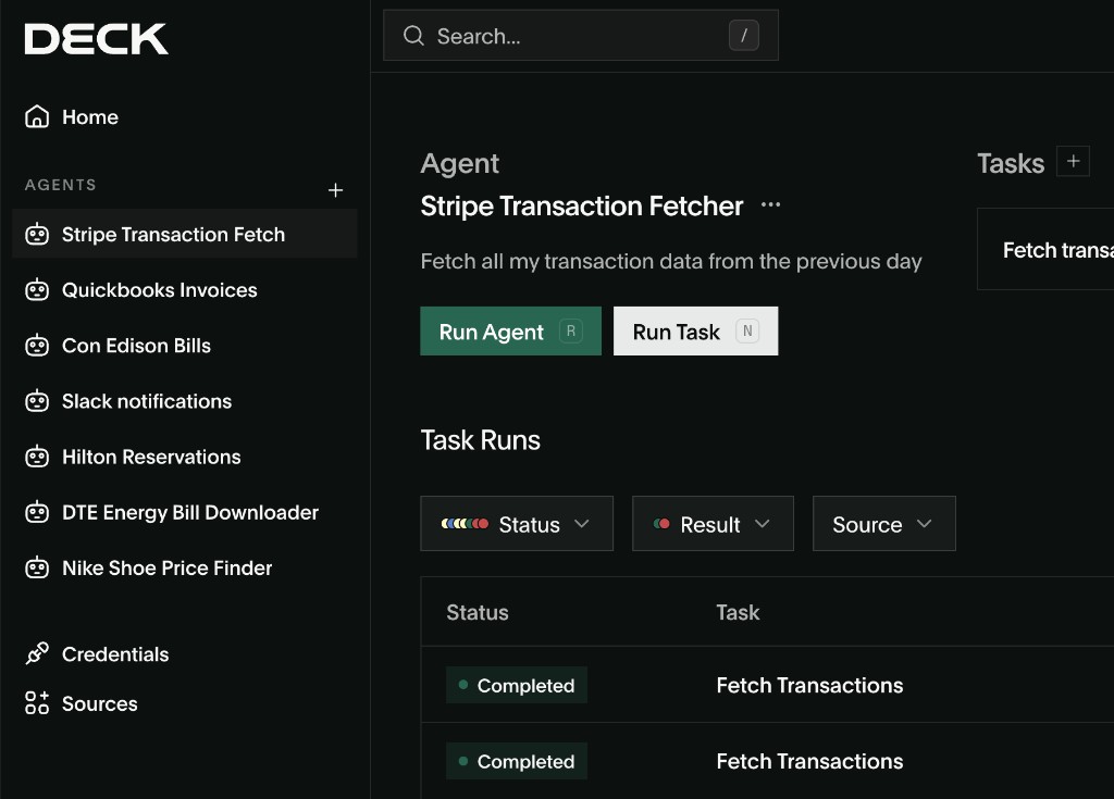 Deck Console dashboard showing agents and completed tasks