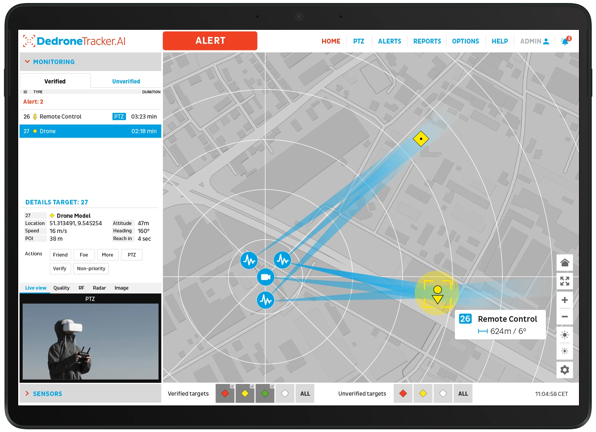 DedroneTracker.AI product interface showing mapped airspace and drone tracking