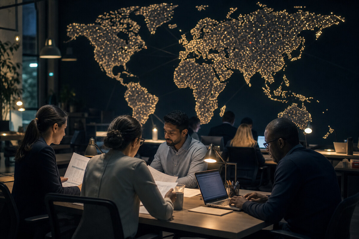 Payroll operators reviewing global workforce payments in an evening operations room