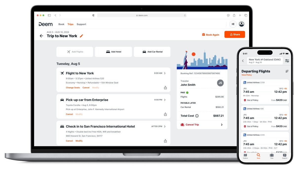 Deem’s published desktop and mobile product illustration showing an itinerary and flight search