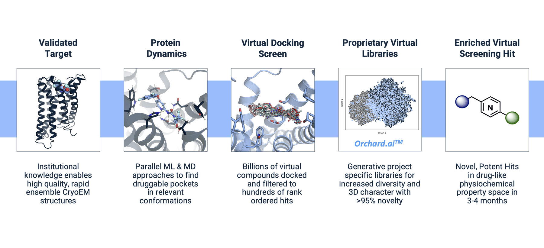 Deep Apple's diagram showing target selection, protein dynamics, virtual docking, proprietary libraries and screening hits
