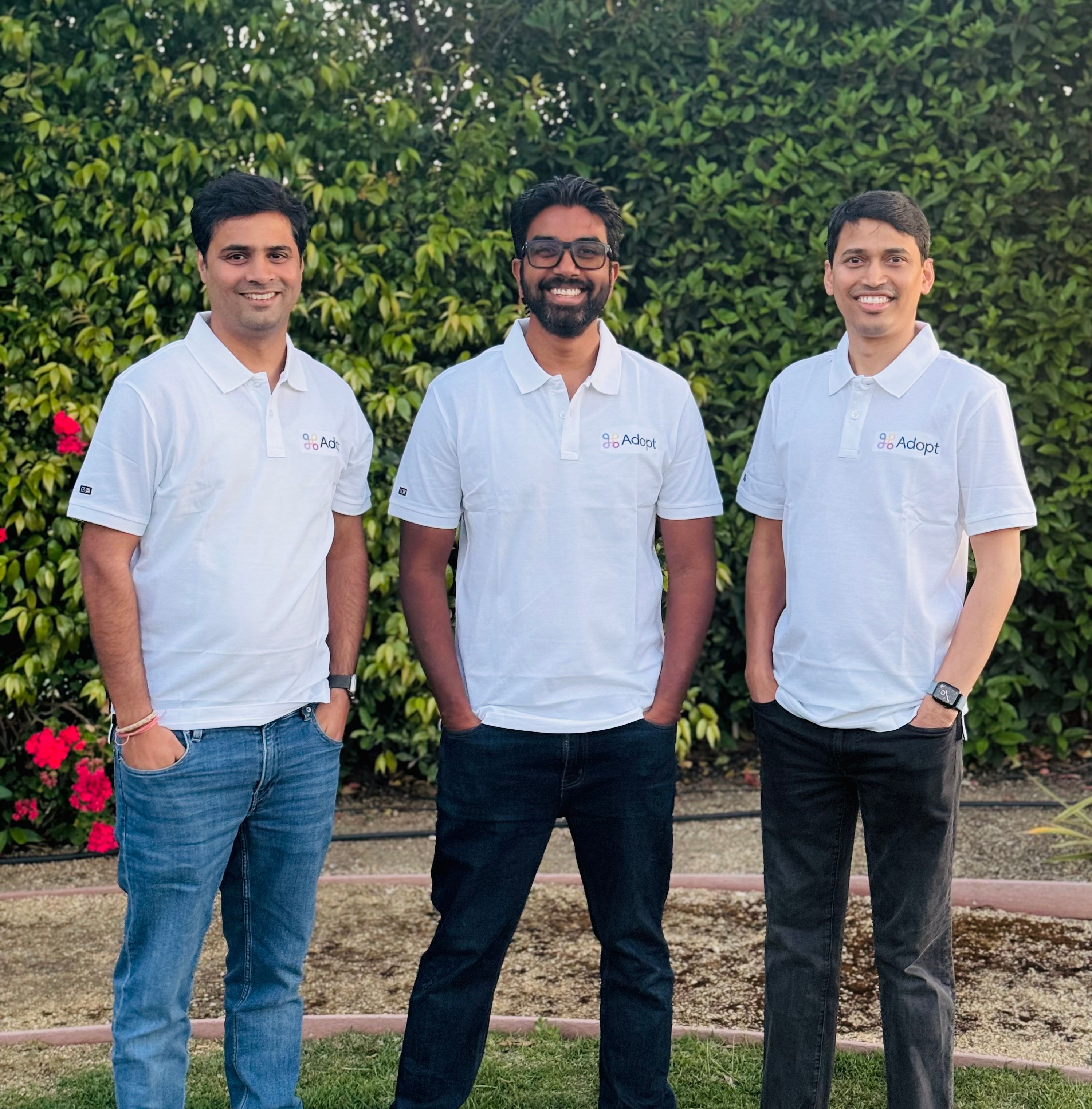 Adopt AI co-founders Rahul Bhattacharya, Deepak Anchala and Anirudh Badam standing together outdoors