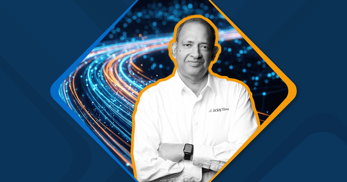 Adaptiva press graphic featuring Deepak Kumar in front of a network-themed background