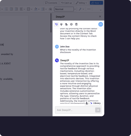 DeepIP patent drafting assistant operating beside a document in Microsoft Word