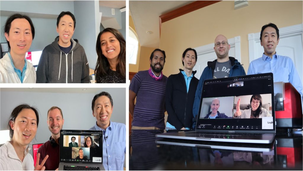 Andrew Ng with the team behind the updated Machine Learning Specialization, pictured in person and on video calls.
