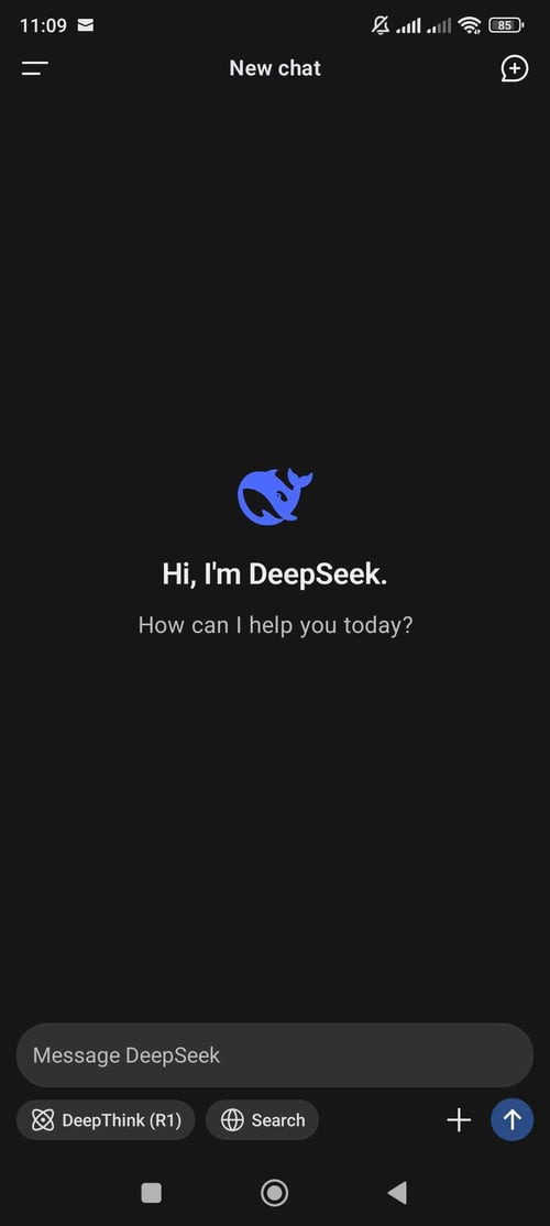 DeepSeek mobile app on a dark screen, showing DeepThink R1 and Search controls