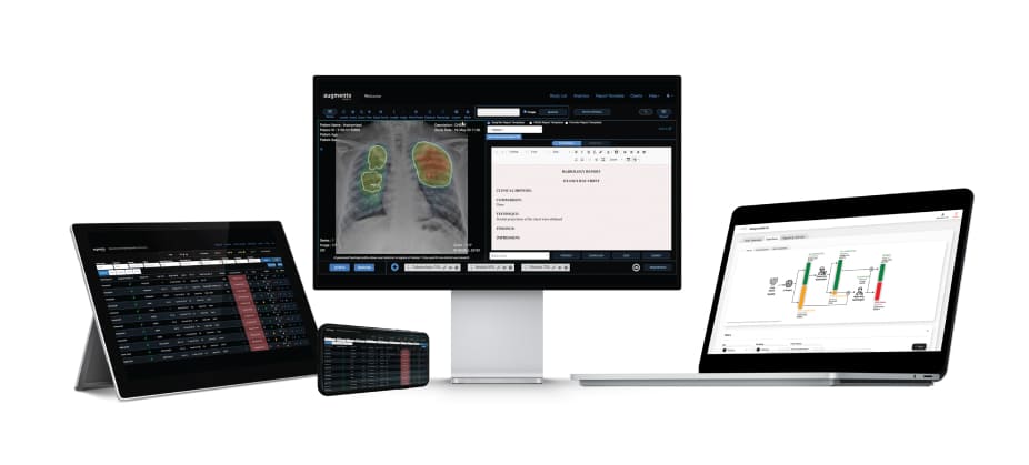 Augmento product illustration showing worklists, chest imaging, reporting and analytics across devices