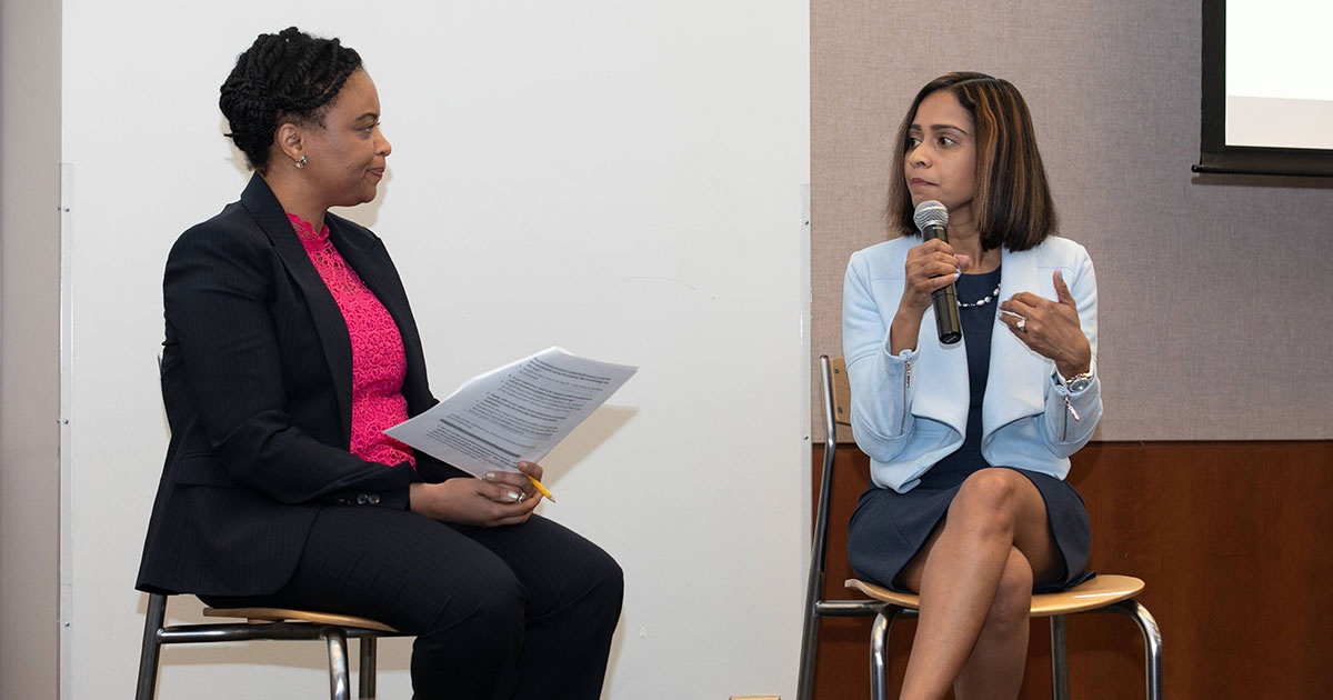Wiljeana Jackson Glover and Deepthi Bathina seated in conversation at Babson College