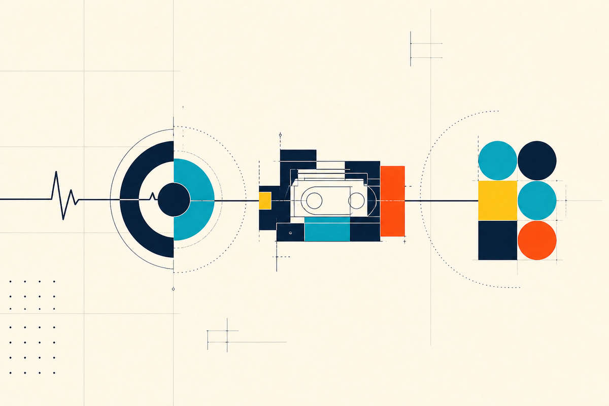 Abstract Swiss-style illustration of a clinical signal passing through a device prototype and becoming an organized company