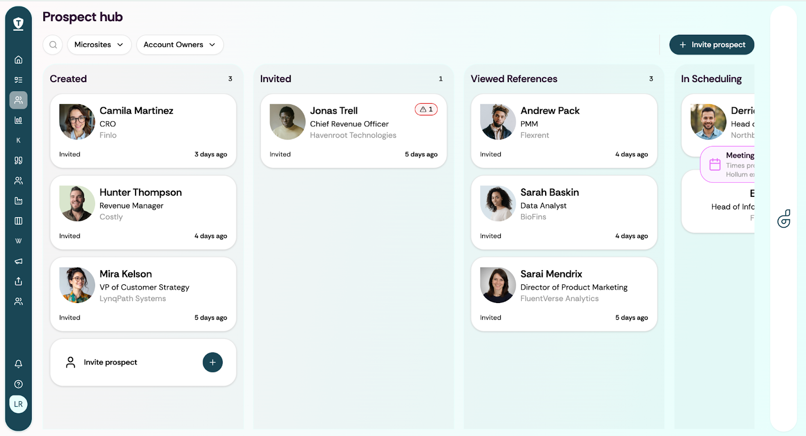 Deeto Prospect Hub example showing Created, Invited, Viewed References and In Scheduling columns