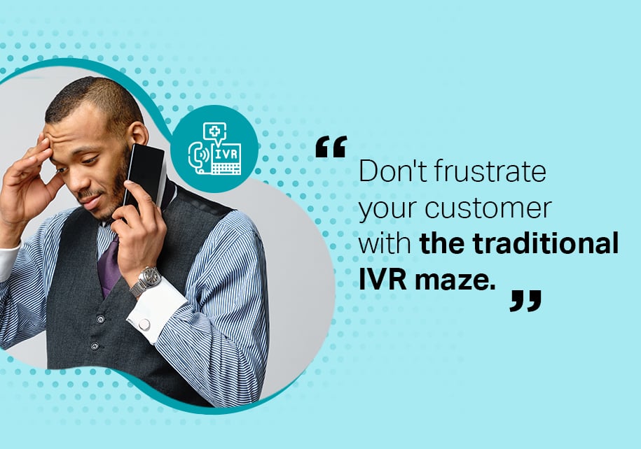 Kore.ai promotional graphic showing a frustrated caller beside a warning about the traditional IVR maze
