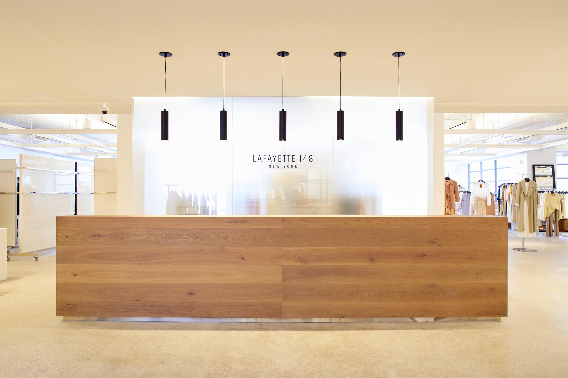 Reception and showroom space at Lafayette 148’s Brooklyn Navy Yard headquarters