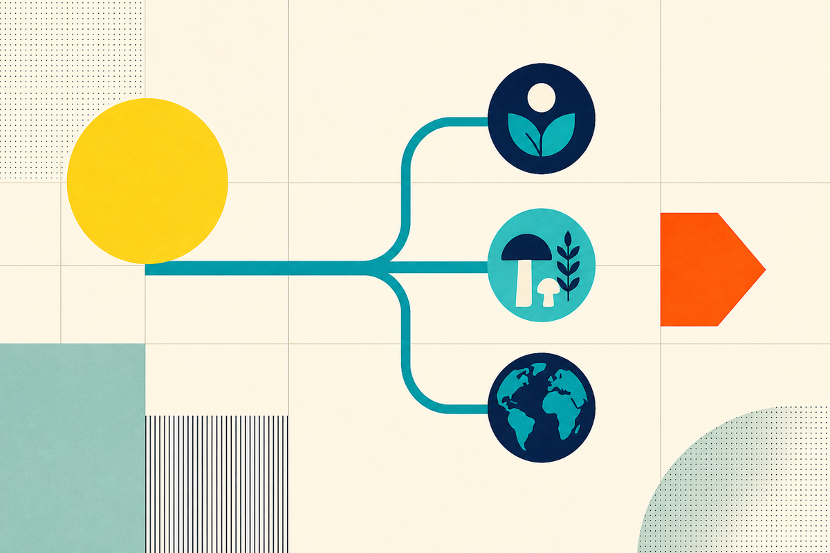 Abstract Swiss-style diagram linking capital with health, food and the planet