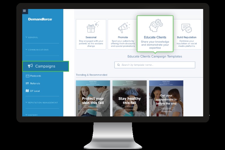 Demandforce email campaign interface showing seasonal, promotional, educational, and reputation templates