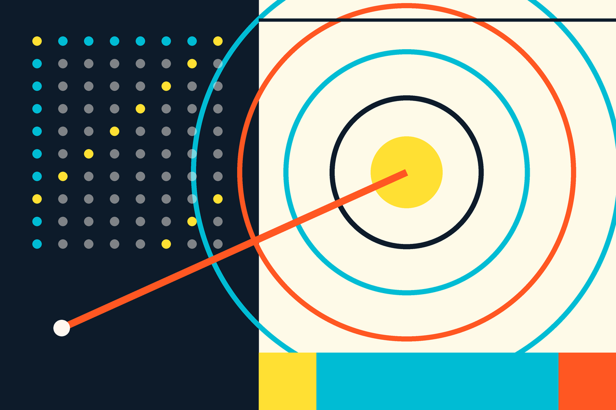 Swiss-style graphic of a target, a signal line, and a data grid representing intent-based targeting