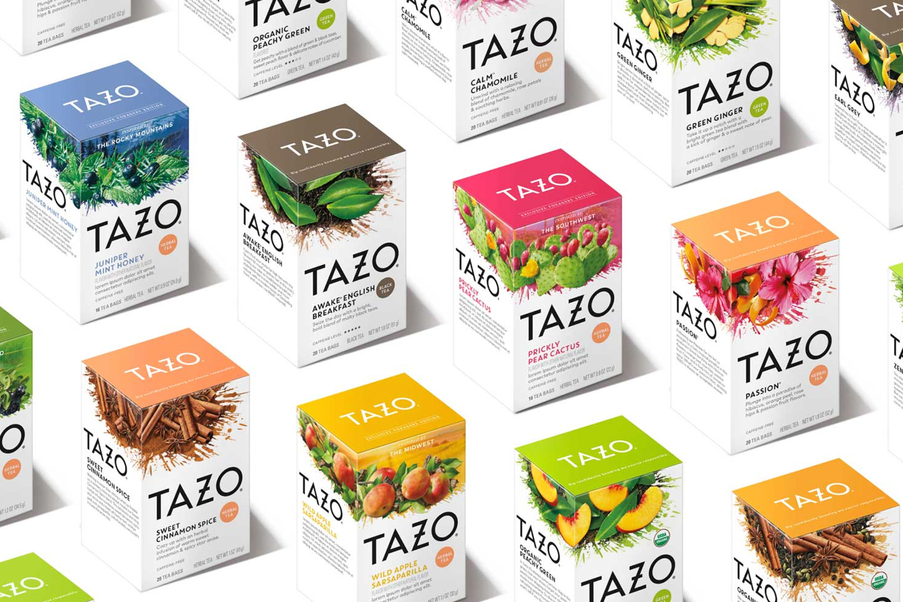 Tazo tea packaging with colorful ingredient illustrations and a consistent black wordmark