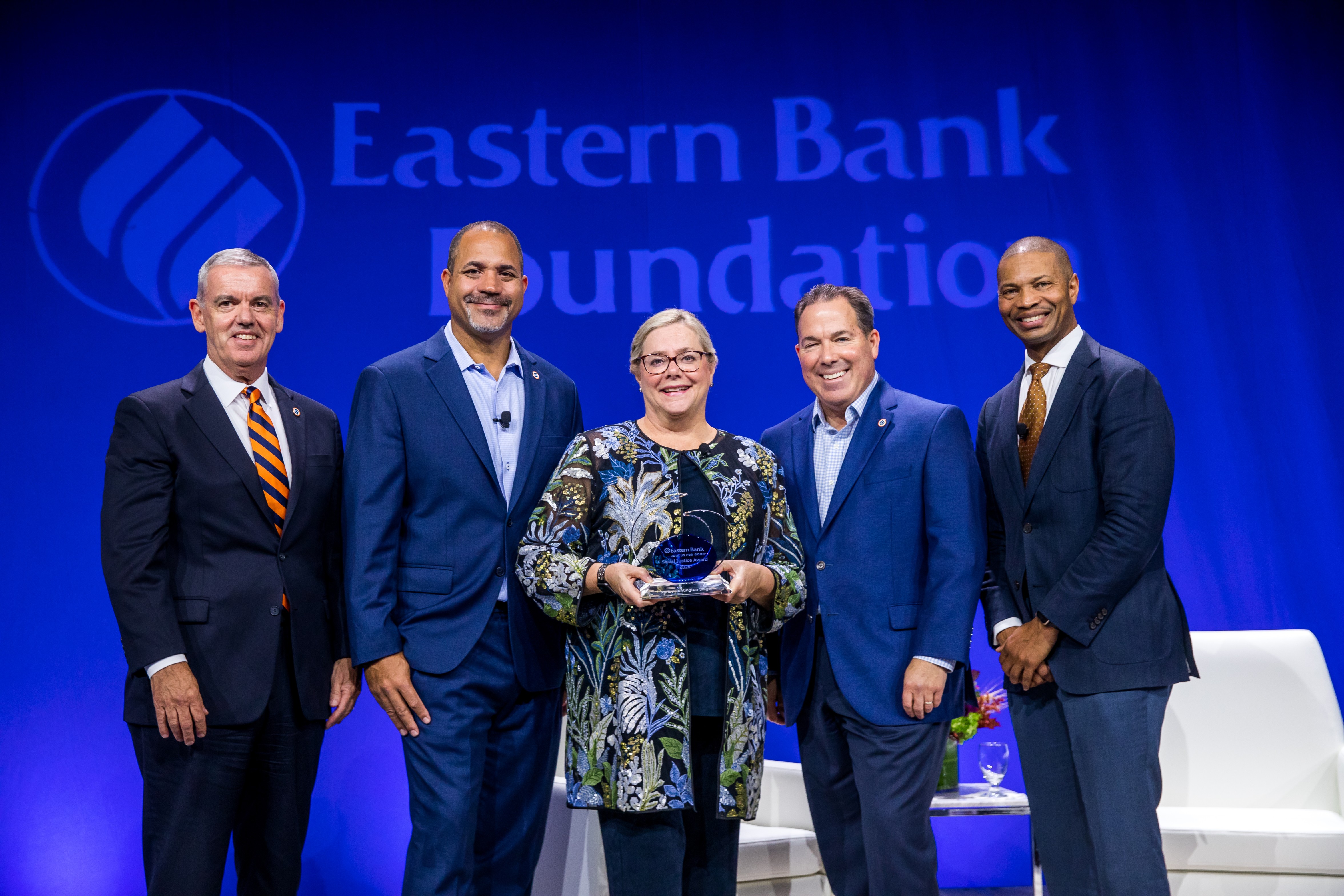 Denis Sheahan, at far left, joins Quincy Miller, Nancy Huntington Stager, Bob Rivers and Turahn Dorsey at Eastern Bank Foundation’s 2025 Celebration of Social Justice.