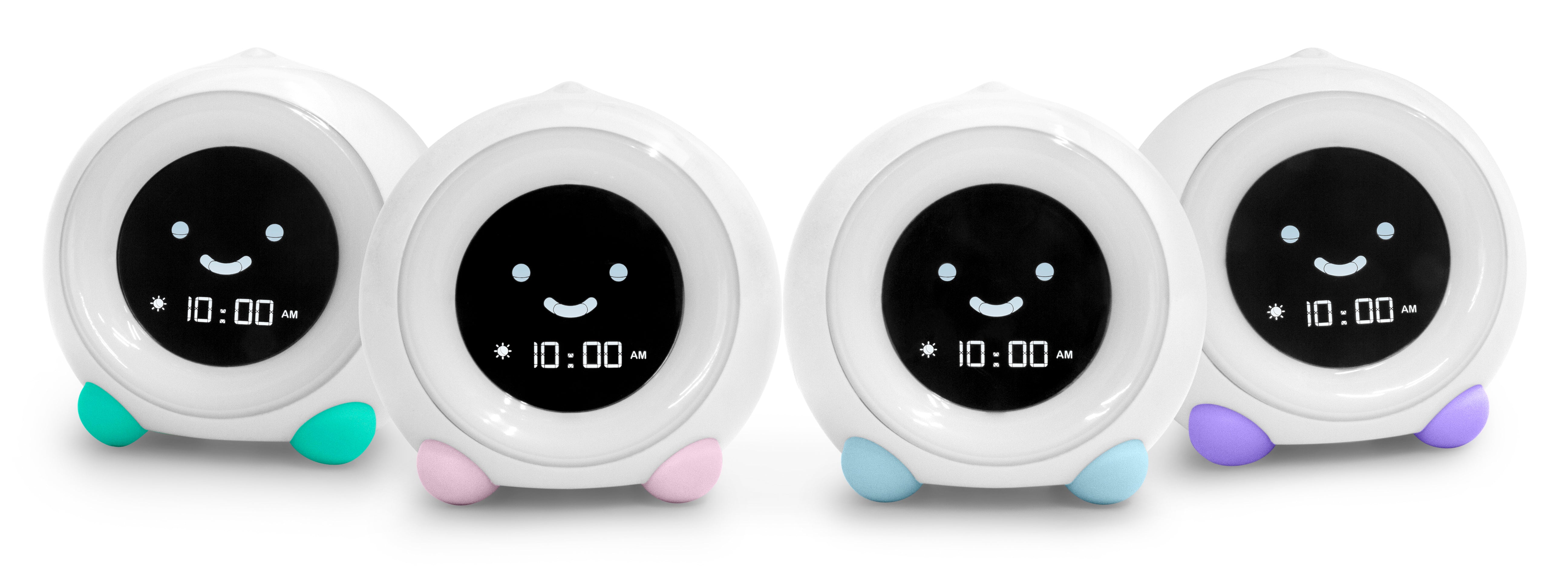Four LittleHippo MELLA clocks with smiling digital faces and teal, pink, blue and purple feet