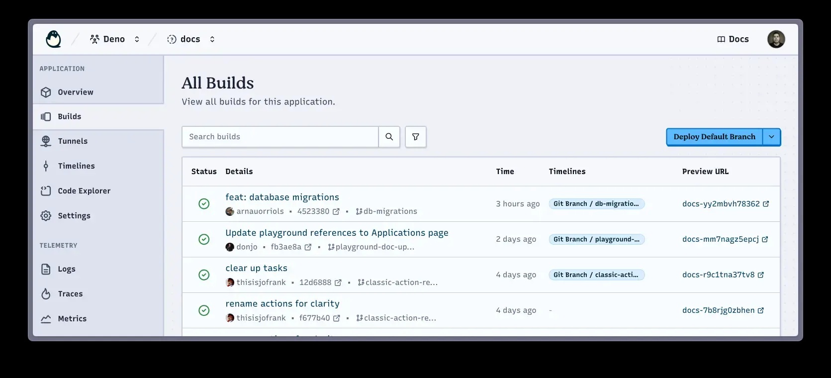 Deno Deploy dashboard showing application build activity