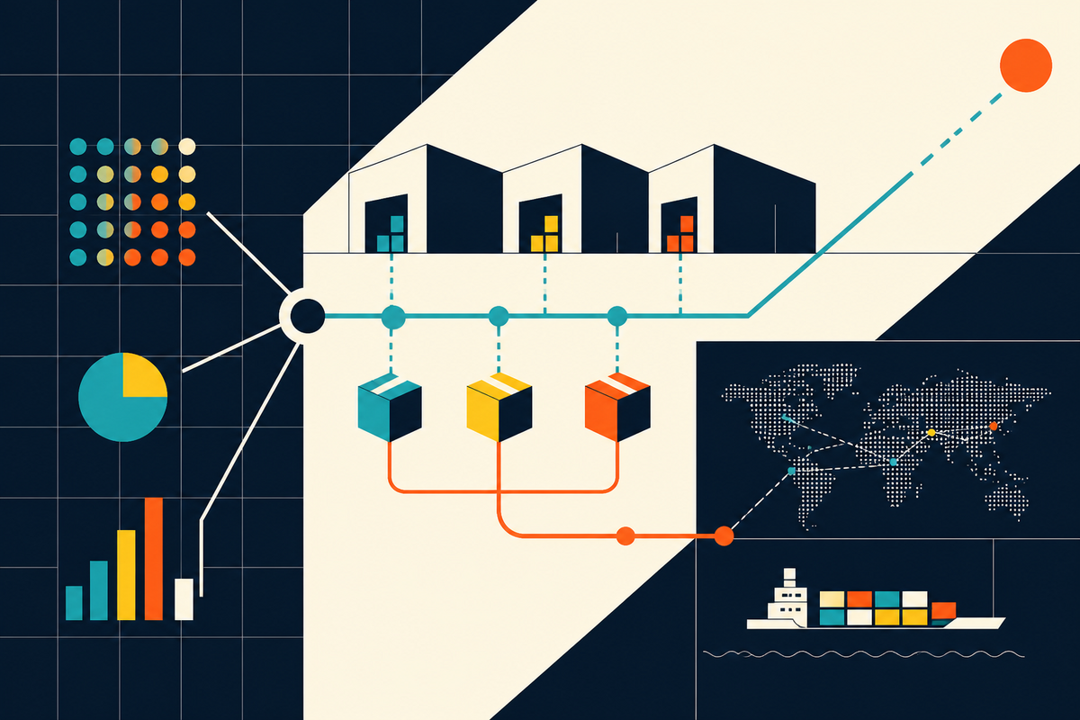 Abstract Swiss-style map of warehouses, inventory blocks, routes and global fulfillment nodes