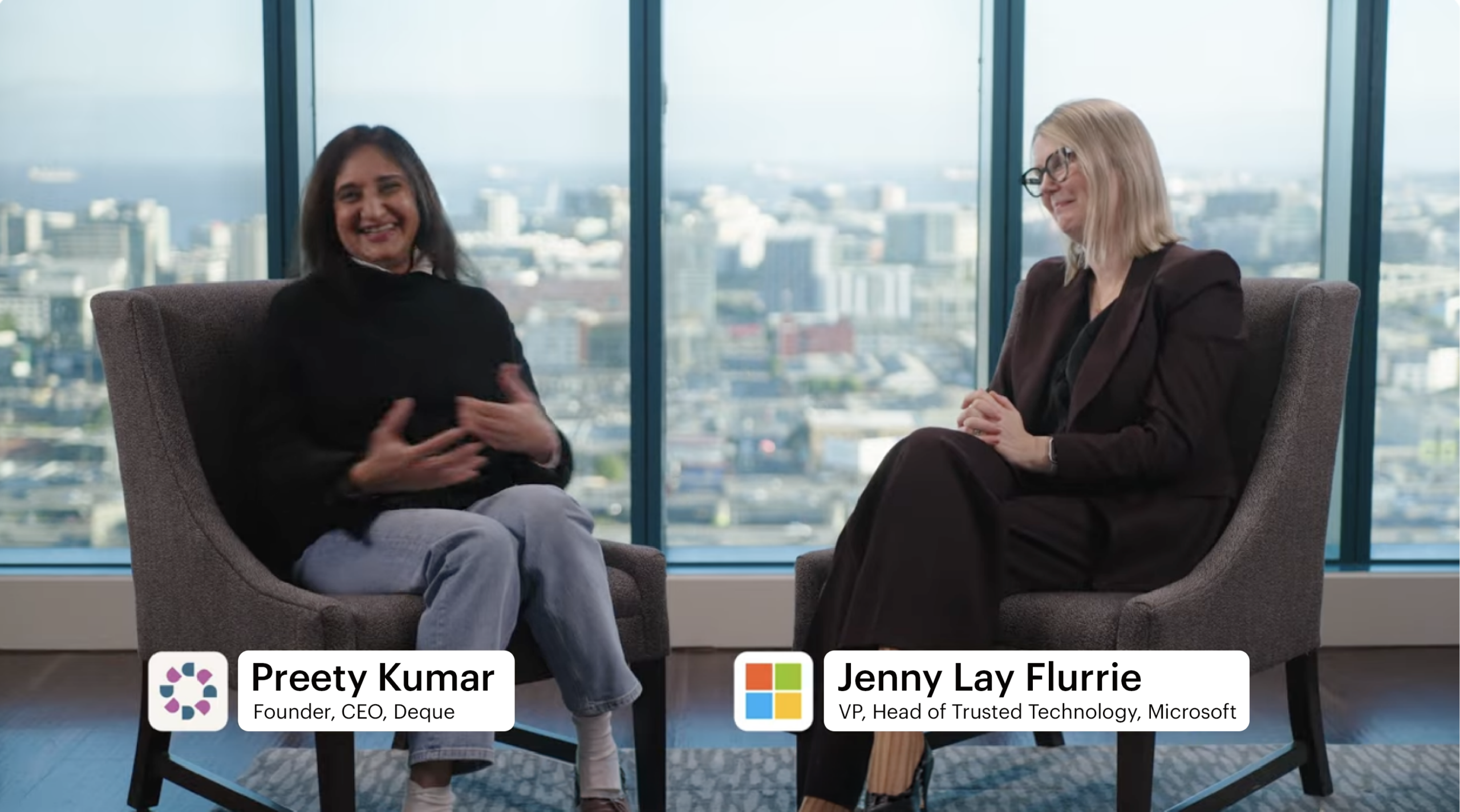 Preety Kumar and Microsoft’s Jenny Lay-Flurrie discussing accessibility with the Seattle skyline behind them