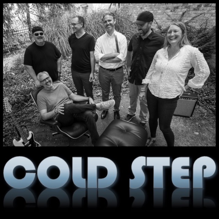 Cold Step's six band members together in a black and white promotional photograph