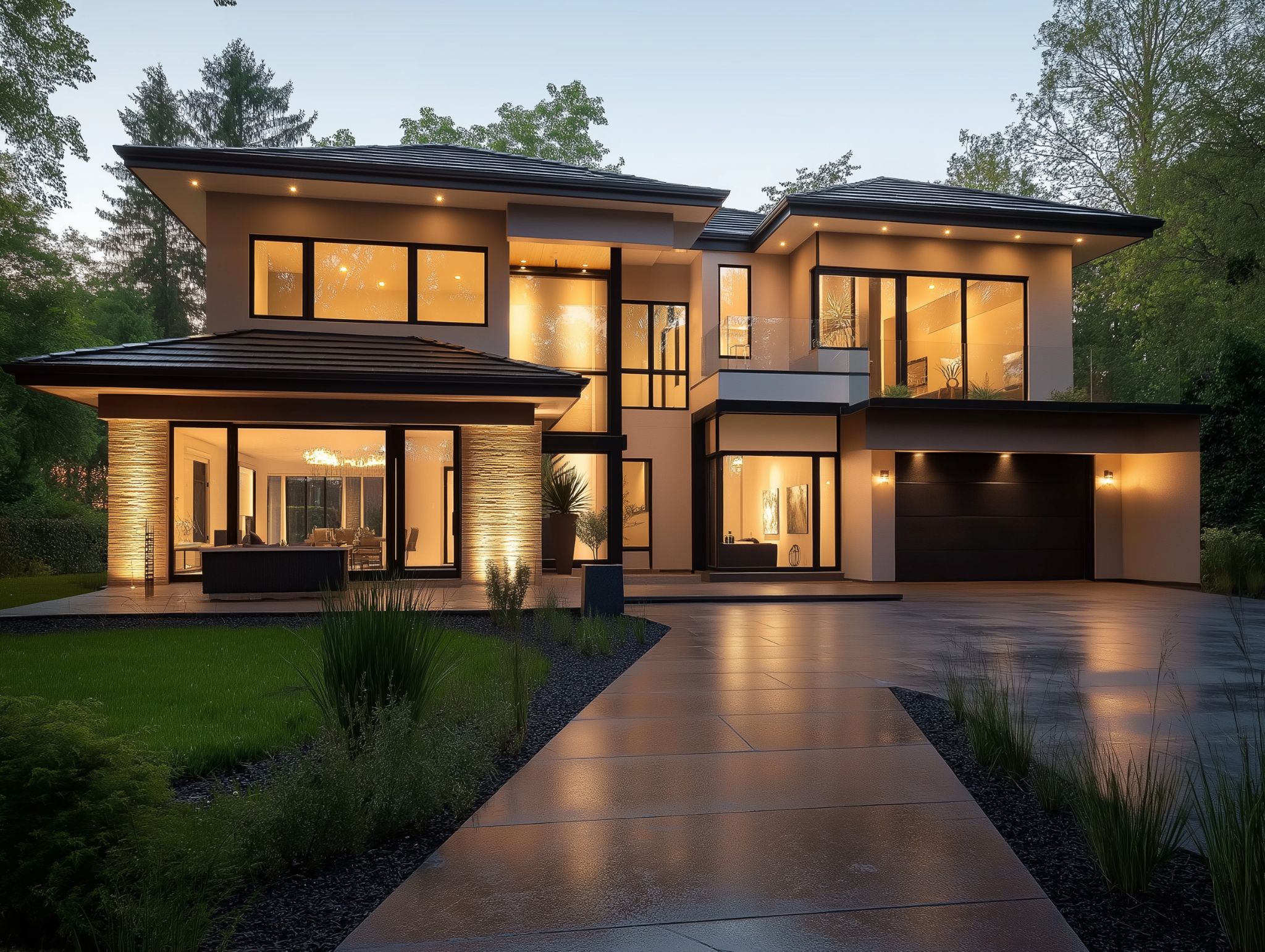 A modern house at dusk with its interior and exterior lighting on