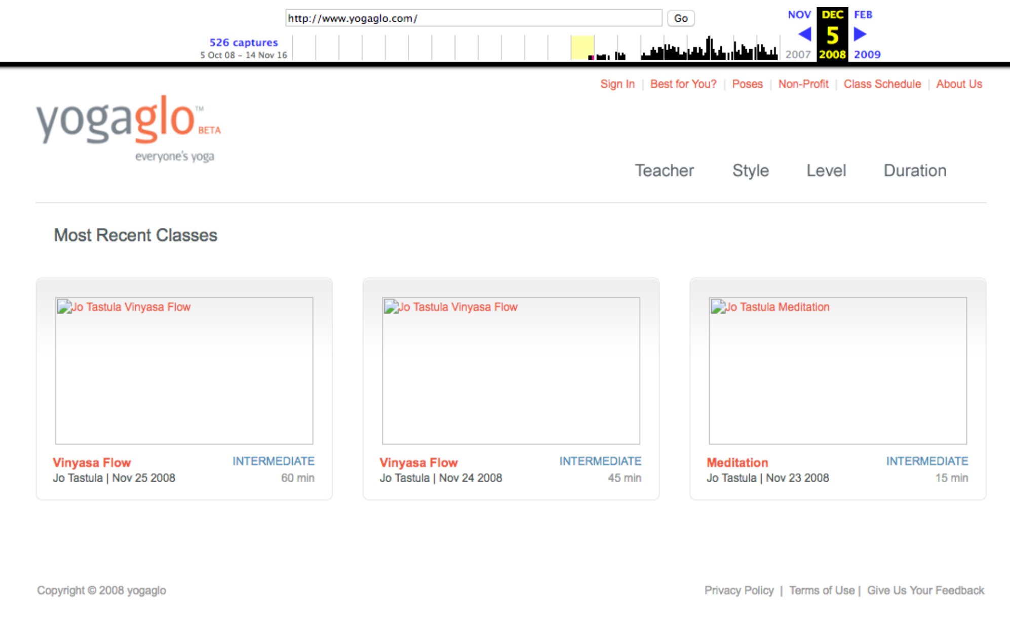 Archived YogaGlo website showing the first three classes from November 2008