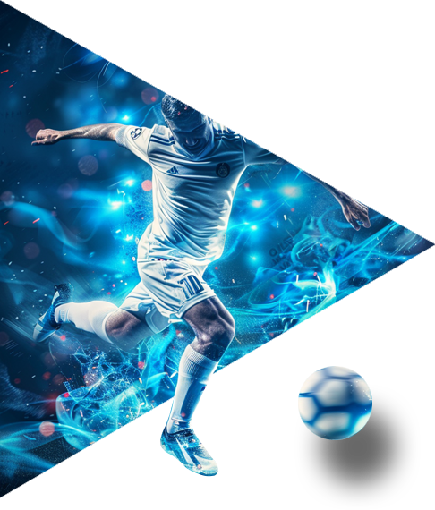 Derivco SPORTS+ promotional artwork showing a footballer striking a ball