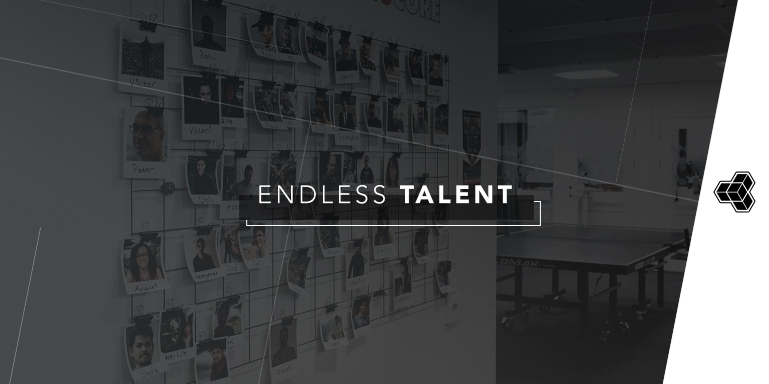 Derivco Sports office wall filled with employee portraits beside a ping-pong table