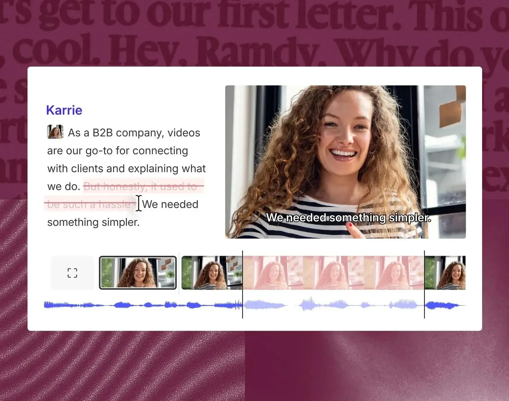 Descript’s text-based editing interface with a transcript beside a video preview