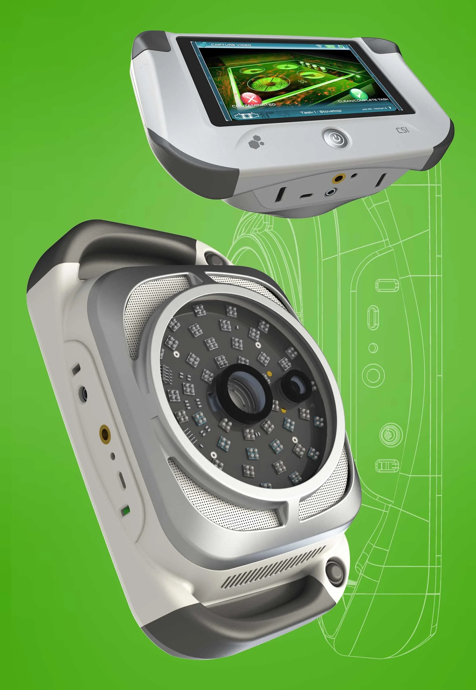 SafetySpect handheld contamination inspection device shown from the screen and sensor sides
