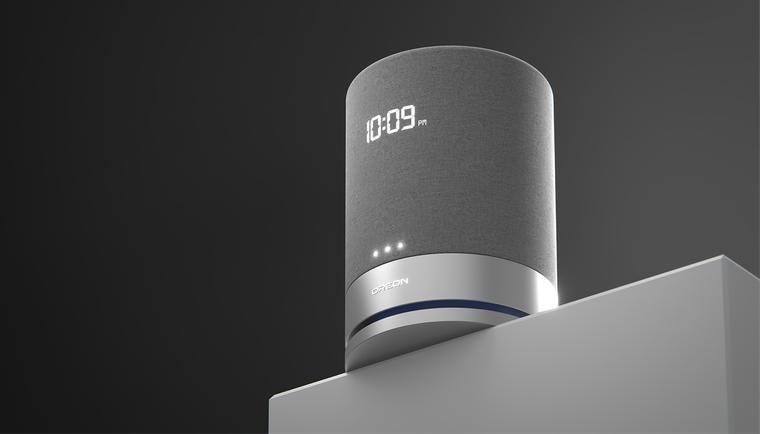 OREON voice-assistant product visualization showing a cylindrical device on a geometric pedestal