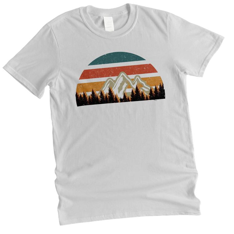 Design Musketeer portfolio mockup of a white T-shirt with mountains, pine trees and sunset stripes