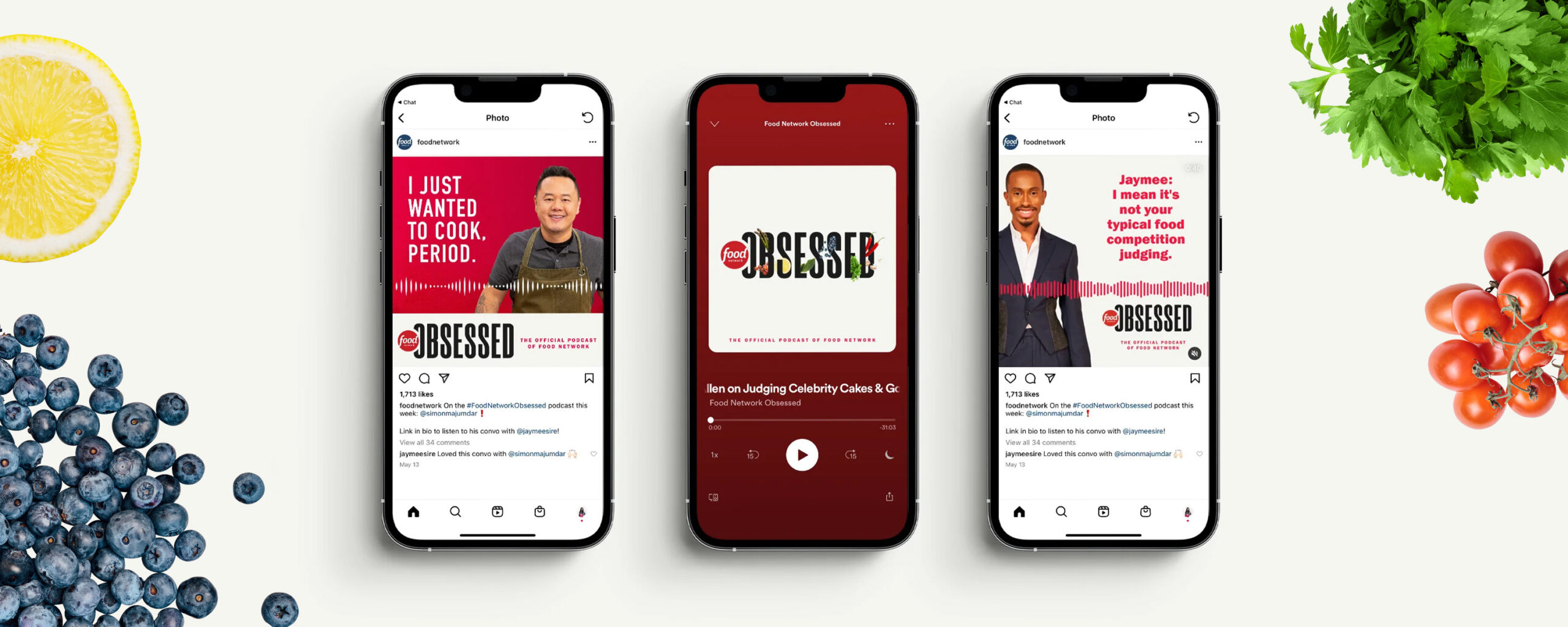 Three phones displaying Food Network Obsessed podcast and social creative