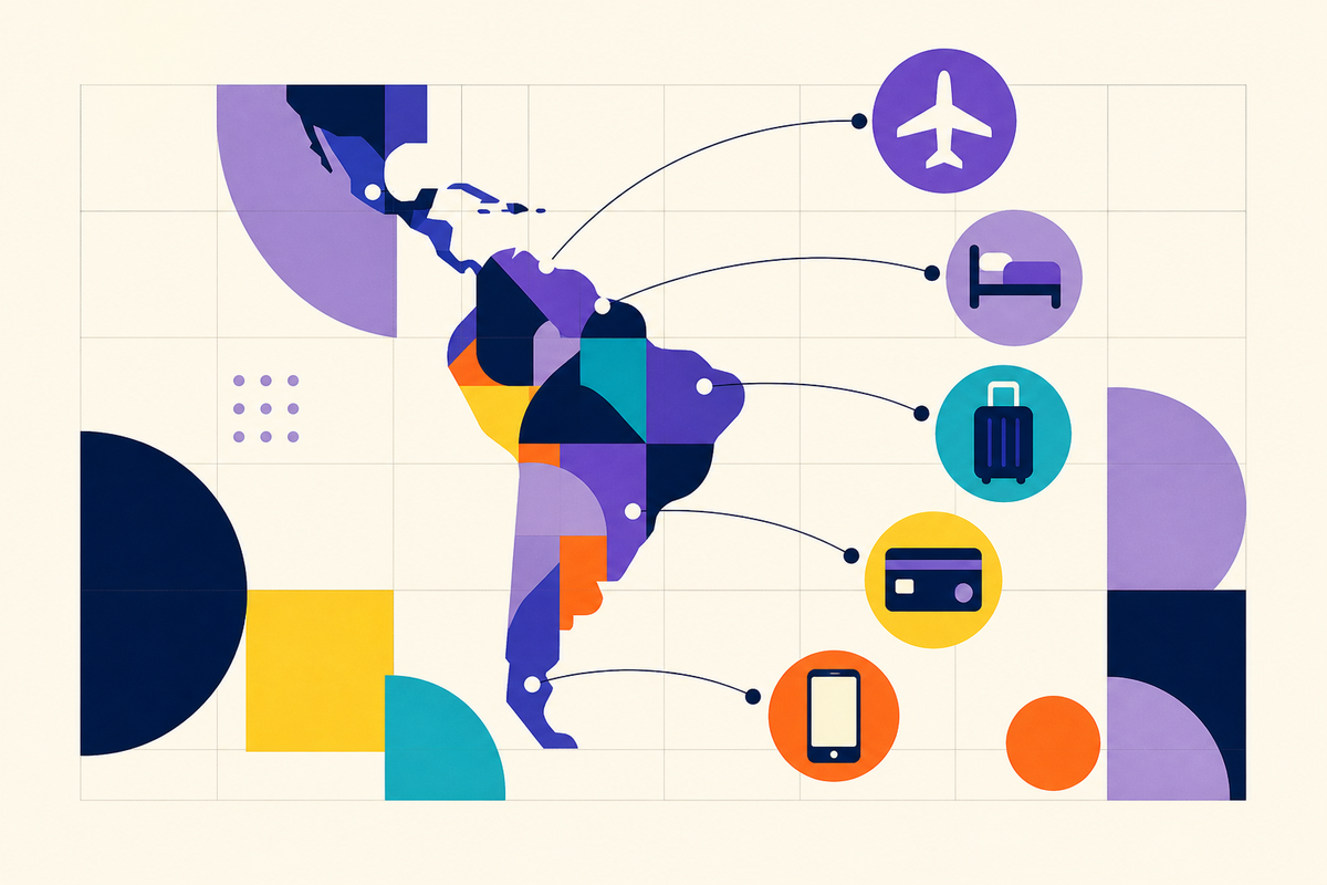 Abstract geometric map of Latin America connected to symbols for flights, lodging, luggage, payments and mobile booking