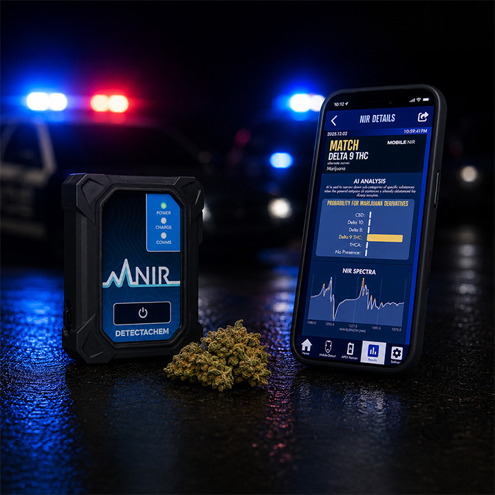 DetectaChem MobileNIR device beside a phone displaying a demonstration identification result