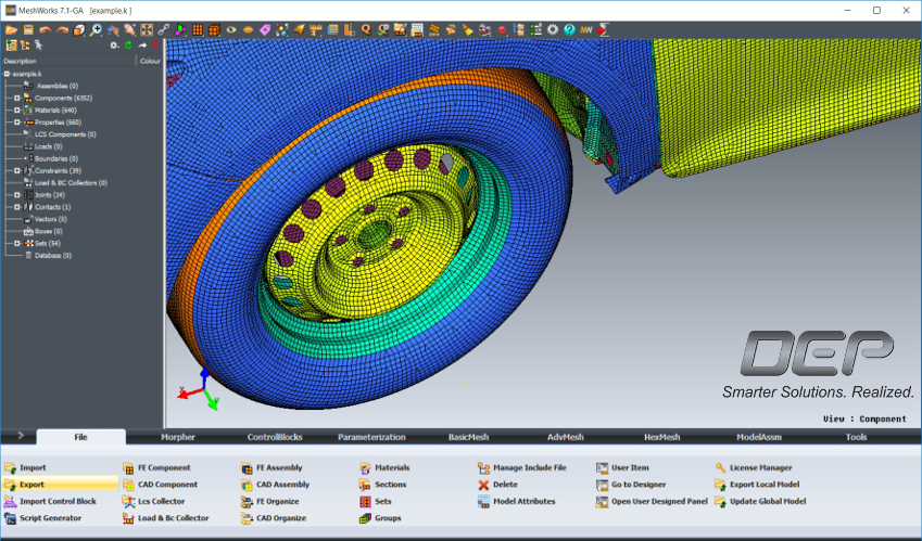 DEP MeshWorks interface displaying a color-coded finite-element model of a vehicle wheel and fender