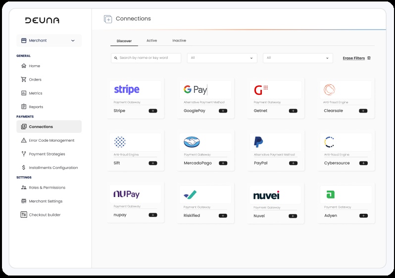 DEUNA administration console showing available payment and fraud provider connections