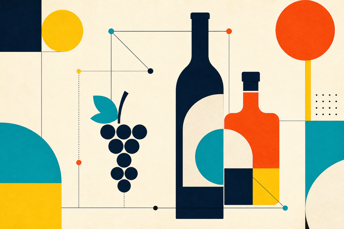 Abstract Swiss-style composition of bottles, grapes and connected distribution nodes