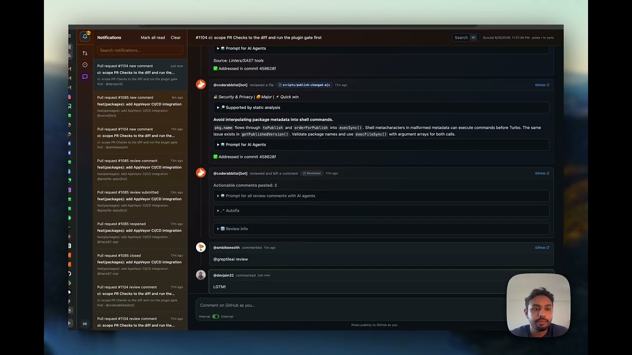 Dev Jain on camera during a Corsair product demonstration showing a GitHub interface
