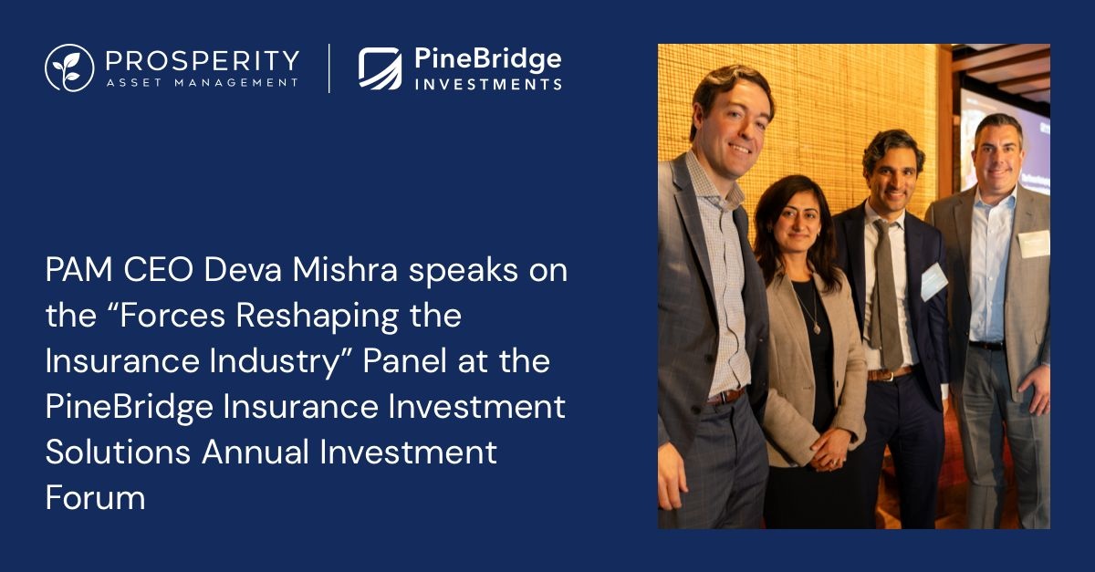 Conference graphic showing Deva Mishra, second from right, with fellow participants at PineBridge’s insurance investment forum.