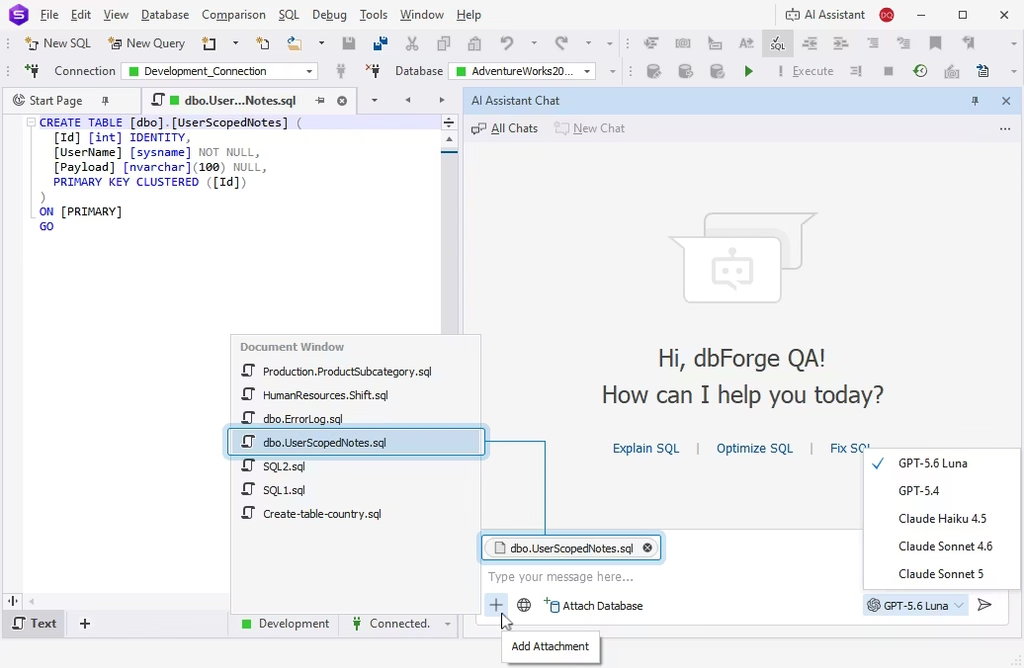 dbForge AI Assistant interface with a menu for attaching files as additional context
