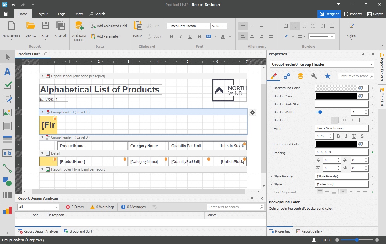 DevExpress WinForms report designer showing an editable product-list report, fields and property controls