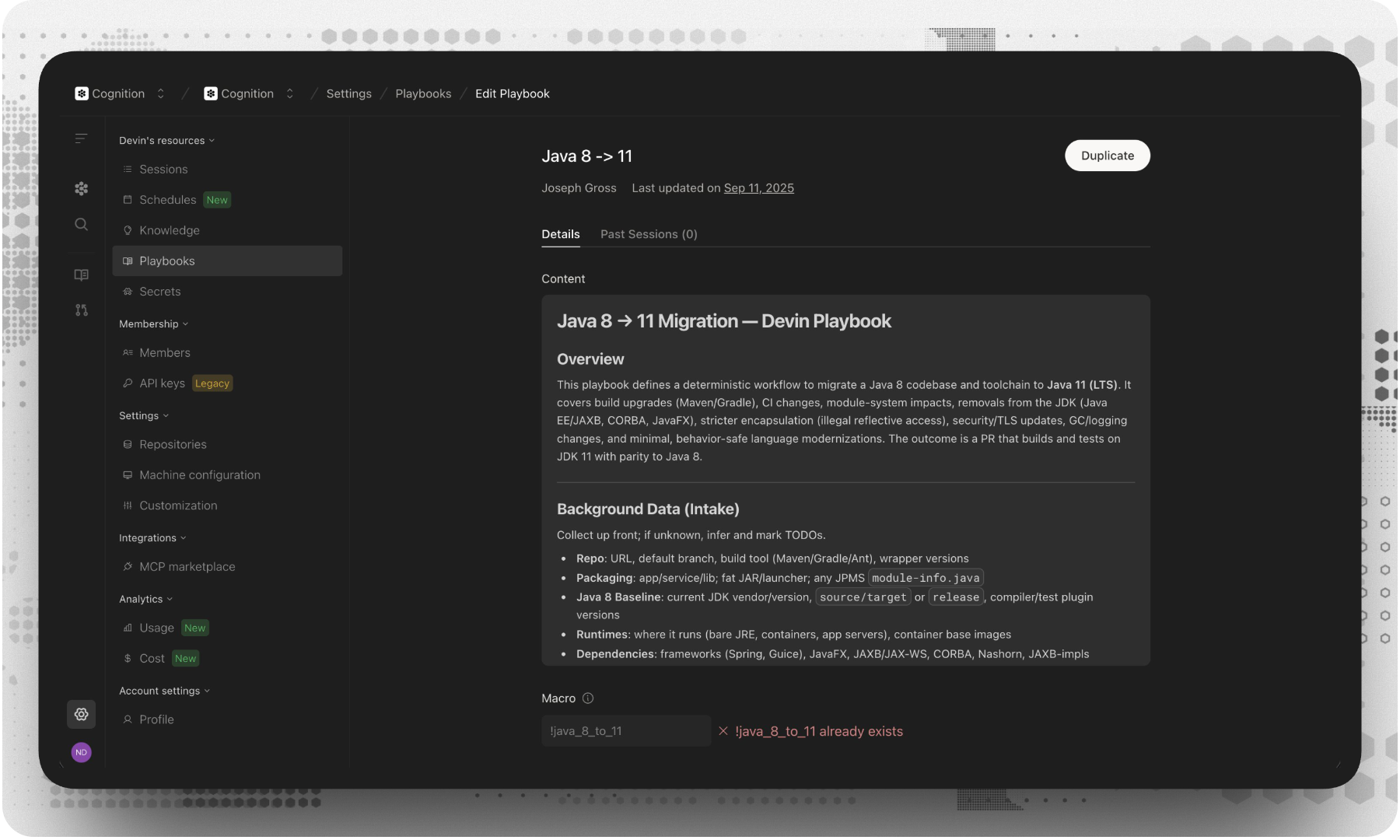 Devin interface showing a Java migration playbook